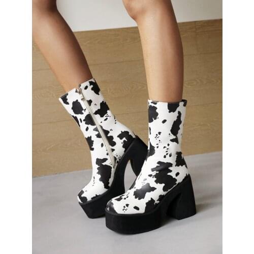 Zebra Pattern Super High Waterproof Platform Horseshoe Heel Womens Street Shoes Thick-Soled Increased Cow Pattern Mid-Top Boots