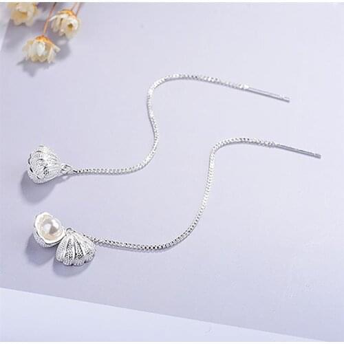 Coxeer 1 Pair Romantic Sweet Women Earrings Fashion Seashell Pearl Decor Dangle Earrings Threader Earrings Jewelry Accessories