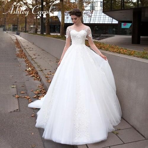 Ashley Carol A-Line Wedding Dress 2021 Classy V-Neck Appliques Princess Bride Long Sleeve Court Train Beach Tulle Bridal Gown