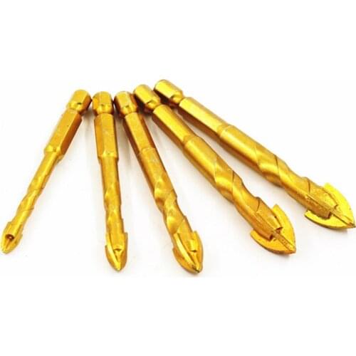 5Pcs Hex Shank Titanium Drill Bit Carbide Tile Glass Hole Opener Cross Spear Head Drilling Cutter Tool 6mm 6mm 8mm 10mm 12mm