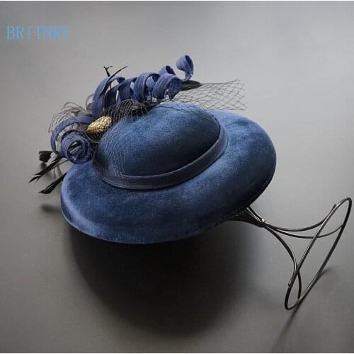 BRITNRY Vintage Bridal Hat Handmade Flowers with Feathers Wedding hats for Women Elegant Blue Cheap Hair Accessories