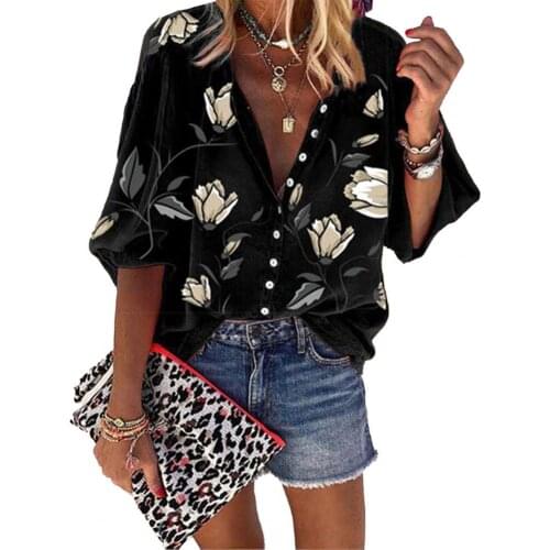 Women Shirt Flower Print Stand Collar Casual Long Sleeve Loose Blouse for Party