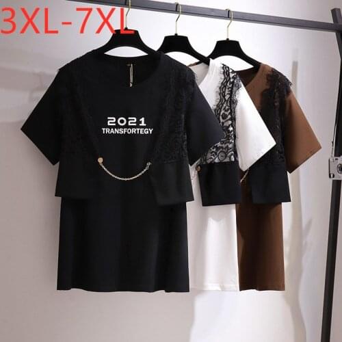 New 2021 Ladies Design Summer Plus Size Tops For Women Large Short Sleeve Loose Cotton Black Lace T-shirt 3XL 4XL 5XL 6XL 7XL