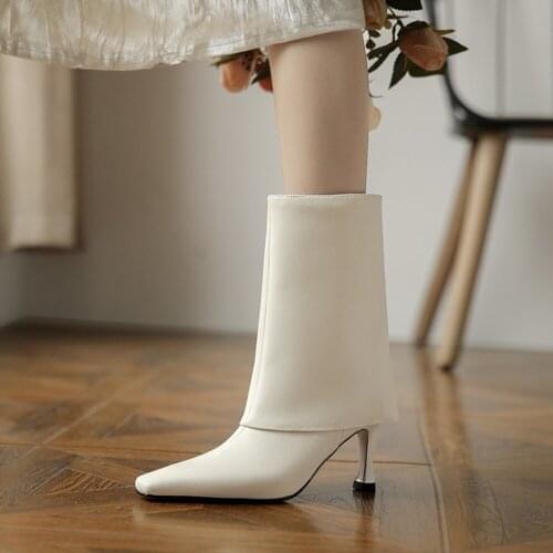 Womens Pointed Toe Mid Calf Boots Real Leather Shoes Stilettos High Heel Chelsea Pull On Long Western 4Colors New 2022