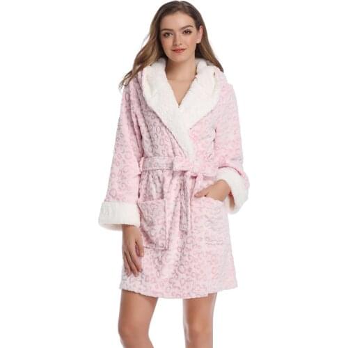 Women Spring Warm Dressing Gowns Leopard Teddy Fleece Female Bathrobes Hooded Sleepwear Pink Dressing Gowns Robes For Women