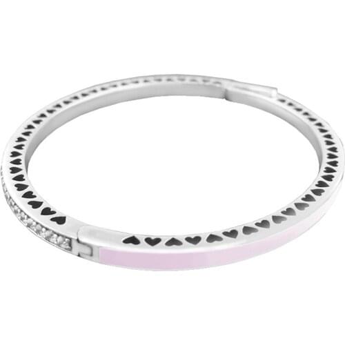 925 Sterling Silver Jewelry Radiant Hearts Pink Enamel & Cz Bangle Bracelet for Women Gift free shipping B041
