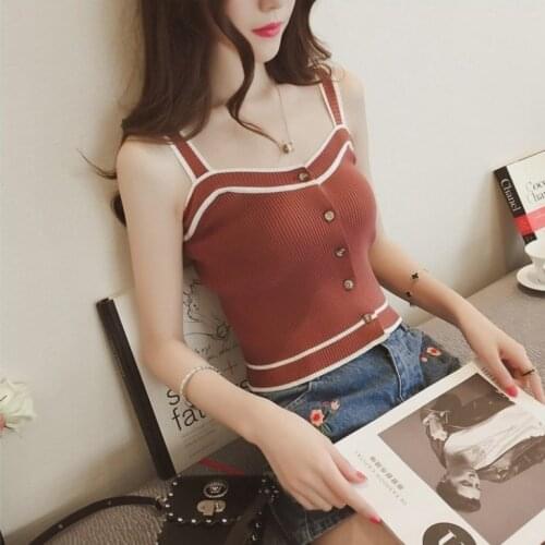 Womens Summer New Casual Stripe Color Matching Top Vest Korean Knitted Suspender Vest Female Short Slim Bottomed Top Vest