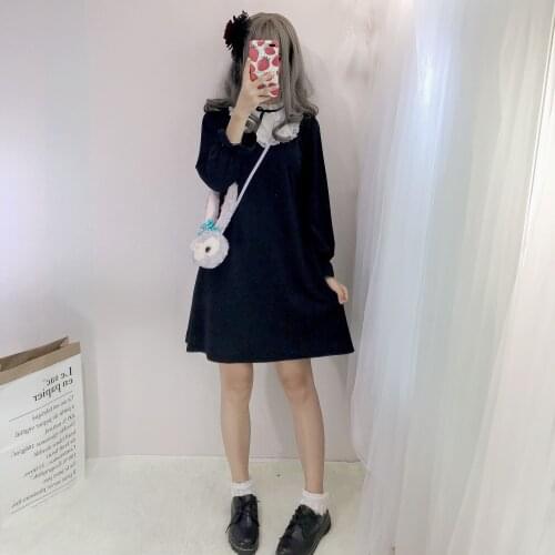 Kawaii Girls Gothic Style Long Sleeve Dress Lace Round Collar Little Black Dress Cute 2018 Women Autumn Dress