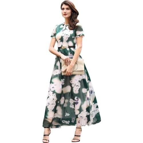 DF plus size dress xxxl women chiffon printed flowers long dress short sleeves o neck buttons dress ball gown summer 6145