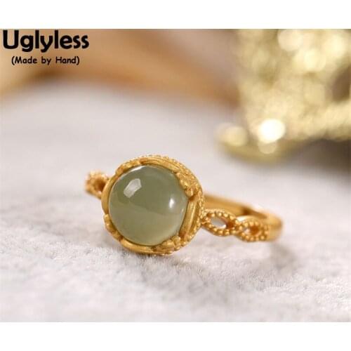 Uglyless Vintage Palace Frame Gold 925 Silver Rings for Women Hotan Natural Jade Rings Hollow Gemstones Fashion Dress Jewelry