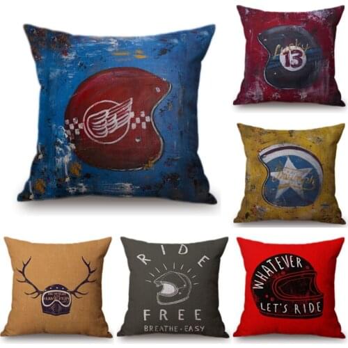 18" Vintage Oil Painting Motorcycle Helmet Poster Sofa Throw Pillow Case Cool Retro Cushion Cover Home Decoration Car Pillowcase