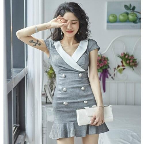 2021 Summer Gray Mini Dress Ladies Short Sleeve Double Button Corset Tight Wrap Ruffle Dress Woman Sexy Party Dresses for Women