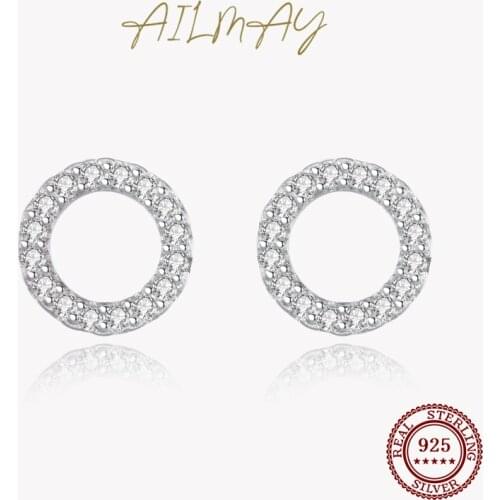 Ailmay Simple Fashionc 925 Sterling Silver Round Circle Clear Zircon Stud Earrings for Women Sterling Silver Jewelry Gift