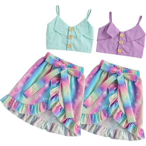 Citgeett Summer Kids Baby Girls Sleeveless Tops+ Skirt Tie Dye Pattern Bow Irregular Hem Ruffle Summer Clothing Set