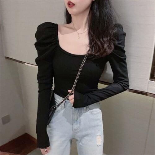 Long Sleeve T-shirt Bottoming Shirt Women Tshirt New Autumn Black Slim Fit Bubble Sleeve Solid Color Top T Womens Fashion Vogue