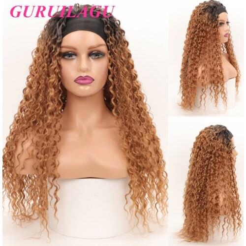 GURUILAGU Kinky Curly Headband Wig Synthetic Hair Natural Wigs For Black Women Long Ombre Brown Wigs Women Heat Resistant Fiber