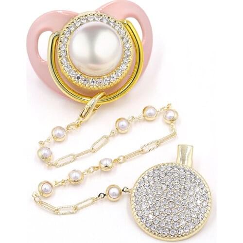 Baby Pacifier Clip Newborn Silicone Pacifier pearl Gold Bling Infant Nipple BPA Free Baby Soother Dummy 0-24M chupetes de lujo