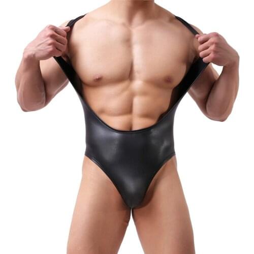 Gay Bodysuits PU Leather Leotard Sexy Penis Pouch Jumpsuits T-back Latex Gay Catsuits Undershirts Singlets Langerie Clubwear