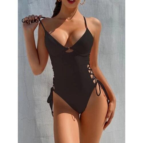Push Up One Piece Swimsuits Womens Swimwear Lace-up Bodysuits Solid High Cut Bathers 2021 Sexy Backless Bathing Suits