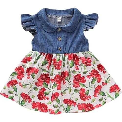 Summer Baby Girls Dress Vestidos Flower Flare Sleeve Girl Clothes Denim Casual Patchwork Princess Evening Party Dresses