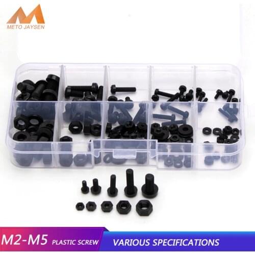 M2 M2.5 M3 M4 M5 Nylon Phillips Screw Bolts Hex Nuts Washers Set Black DIY Accessories Kits Plastic Screws Assortment Kit 150pcs