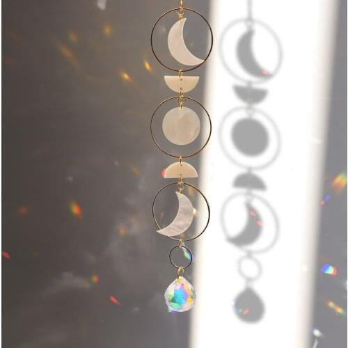 Metal Crystal Moon Ring Semicircle Pendant Colorful Sun Catcher Ornament for Home Garden Car Hanging Decoration Craft