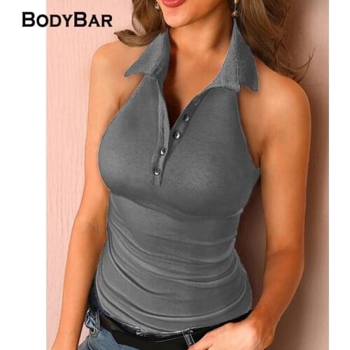 Fashion Turndown Collar T-shirt Sexy European American Style Button Slim Top For Women 2021 Plus Size Solid Color Crop Tank Tops