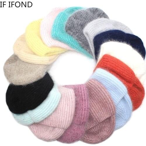 NEW Selling Angola rabbit fur Women Fashion Warm Thicken Beanie Hats Solid Color Adult Winter Sequins knitted Ski Cap bonnet