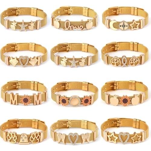 New Arrival Love Heart Star Brand Charms Bracelets DIY Stainless Steel Keeper Mesh Bracelet Set For Women Simple Jewelry Gift