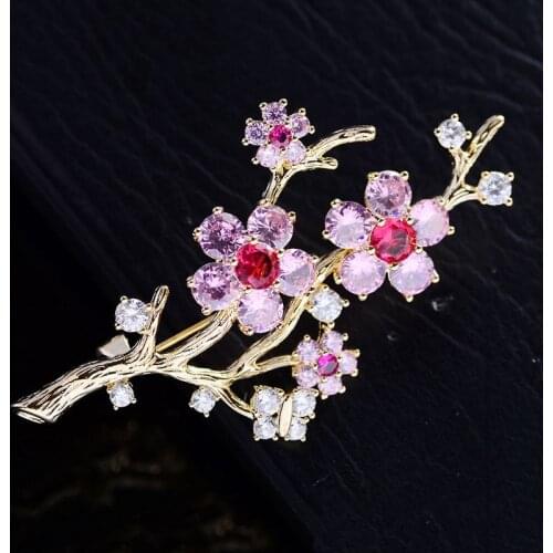 OKILY Elegant Flower Broochpins for Women Clothes Corsage Shiny 3-Color Plum Blossom Pins Brooch AAA Zirconia Wholesale Brooches