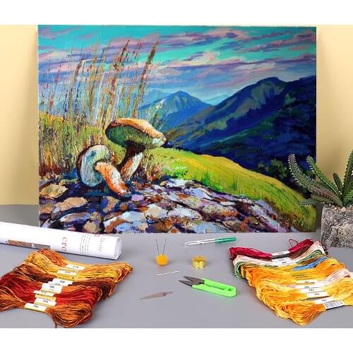 Landscape Mushrooms Printed Canvas 11CT Cross-Stitch Full Kit DIY Embroidery DMC Threads Handicraft Sewing Wholesale
