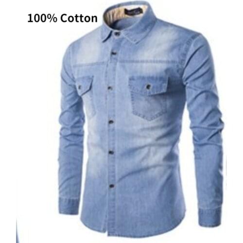 100% Cotton Plus Size Mens Wash Jeans Long Sleeve Shirt Slim Lapel Dress Shirt Mens Denim Button up Shirt Comfortable Clothing