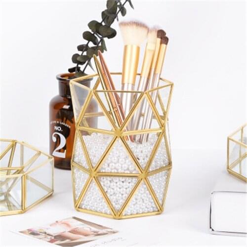 Glass storage tube Nordic ins golden beauty brush makeup brush storage bucket brass simple vase