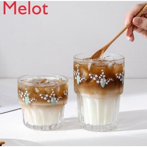 Thick Glass Flower Cup Iced Coffee Cup Transparent Fresh Girl Heart Cola Milky Tea Cup cute water bottle