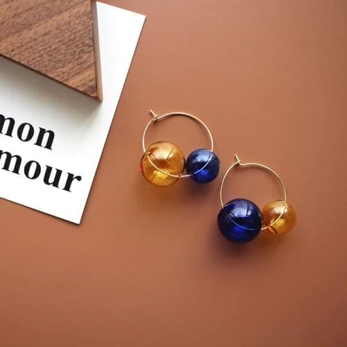 Unique Korean Brief Circle Candy Color Double Glass Balls Asymmetric Mini Hoop Earrings For Women 2018 INS Cool Bubbles Earrings