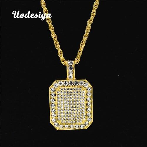 Uodesign Men Full Iced Out Cz Gold Filled Square Dog Tag Pendant Necklace And Mini RoundRhinestone Hiphop Necklace