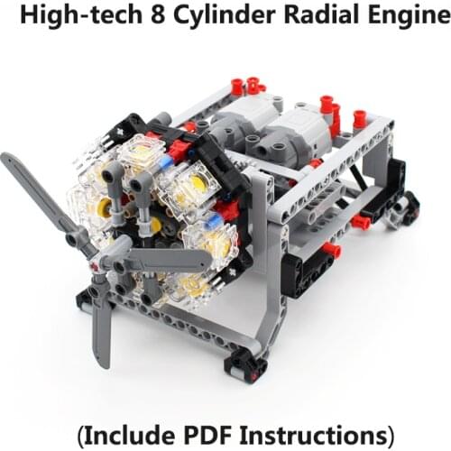 MOC High-tech 8 Cylinder Radial Engine with Small Rotor Blade Model Building Blocks Compatible with PF Set DIY Engine Bricks Toy
