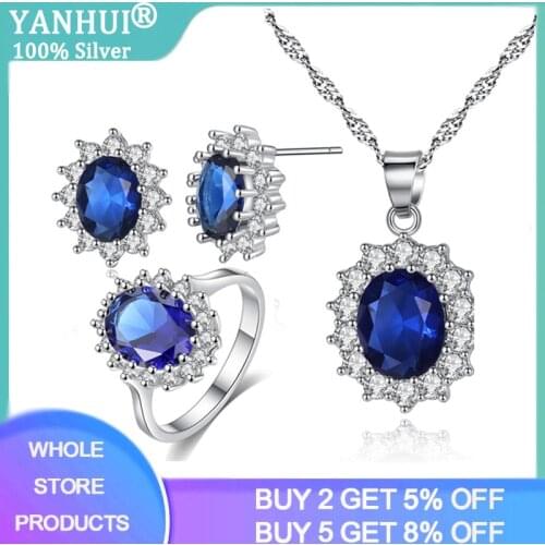 YANHUI Luxury 2.0CT Lab Sapphire Silver 925 Jewelry Sets for Women Blue Oval Zircon Ring Earrings Necklace Wedding Jewelry Set
