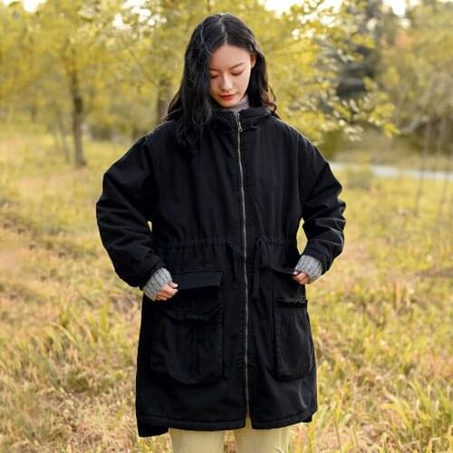 Ladies plus velvet cotton jacket Coral velvet jacket Ladies winter mid-length loose and thick hooded Tunic cotton jacket Ladies