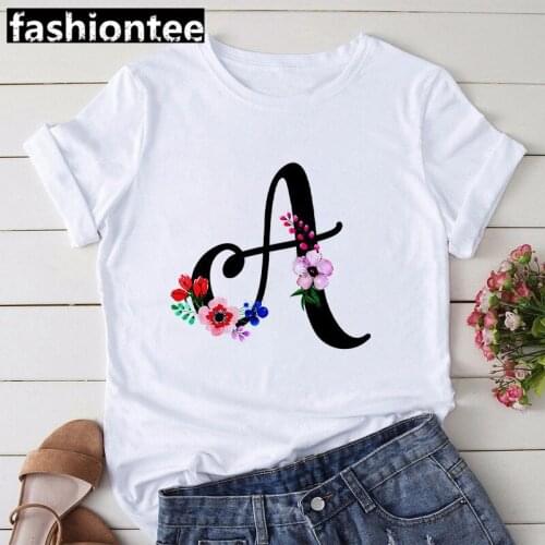 26 English Letters ABCDE Flower Graphic Printed Women T-shirt Female Summer New Fashion Short Sleeve Tshirts Girls Casual Tops