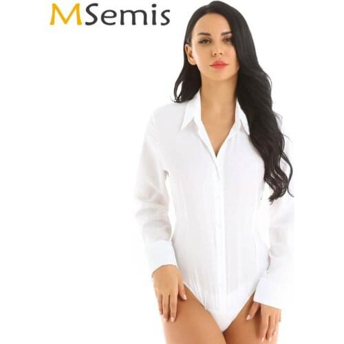 Womens Fashion Shirt Bodysuit Long Sleeve Sexy High Cut Thong Babydoll Teddy Romper Erotic Pressed Crotch Office Working Catsuit