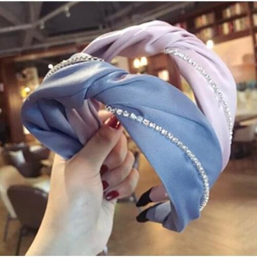 Crystals Headband Wide for Women Hair Accessories Crystal Chain Decorated Head Band Adults Solid Hairband Silk Satin Headband