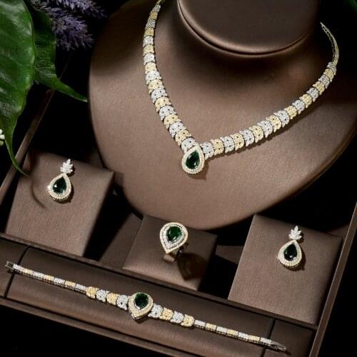 HIBRIDE Water Drop Luxury 2 Tones Women Wedding Naija Bridal Cubic Zirconia Necklace Earring Set Dubai Dress Jewelry Set N-1437