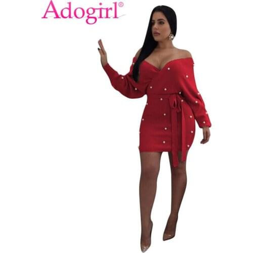 Adogirl 4 Colors Pearls Off Shoulder Bodycon Dress Women Wrap V Neck Backless Long Sleeve Mini Club Party Dress Casual Vestidos