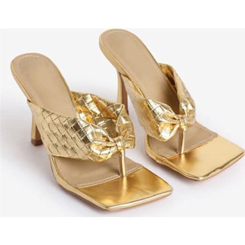 Gold Summer Slippers Sexy Women Pumps Square Toe Sandals Prom Dress Shoes Woman Flip Flops Outdoor Slides Plus Size