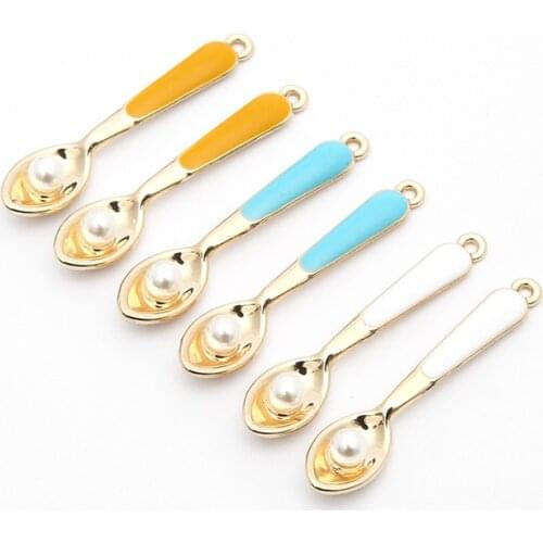 10pcs/lot Fashion Spoon Pearl Enamel Charms Metal Pendants Gold base Fashion Jewelry Accessories for DIY handmade 36*8mm