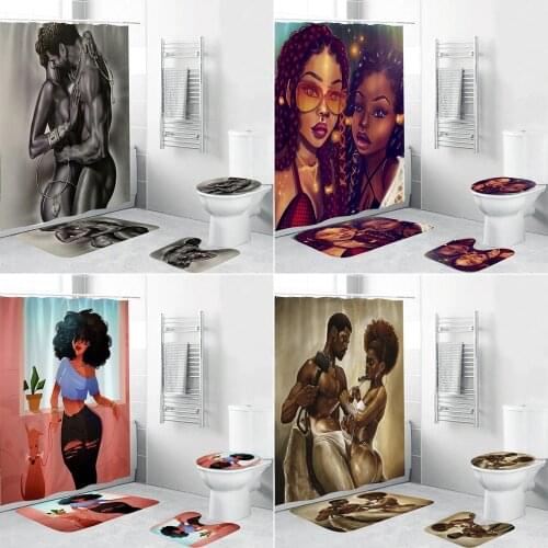African Black Couple Lover Bathroom Shower Curtain and Rug Sets Sexy Girl Anti-slip Rugs Toilet Cover Mat Bath Curtains