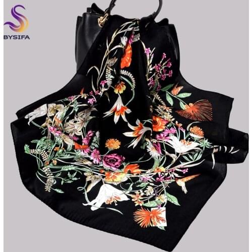 BYSIFA|Black New Silk Scarf Women Fashion Elegant Flower Design 100% Pure Silk Square Scarves Bufandas 70*70cm Neck Scarf Hijab