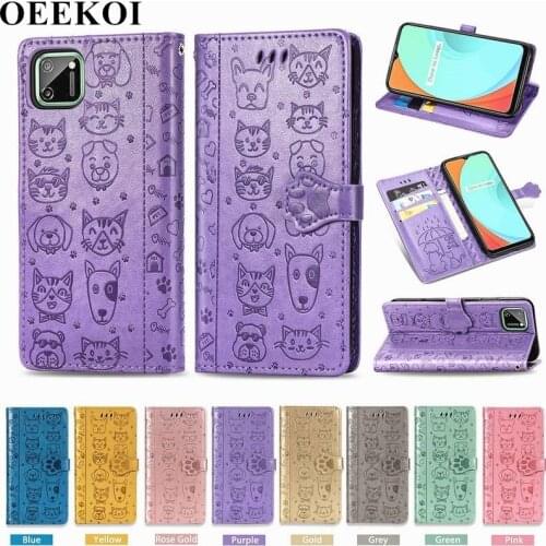 OEEKOI Cartoon Style Cat Dog Wallet Flip Cover Case for Realme C11 with Card Slot Holder