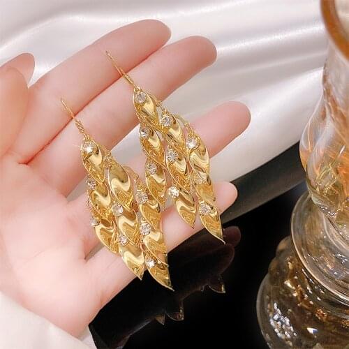 Exknl Leaves Crystal Long Big Drop Earrings for Women Wedding Rhinestone Dangle Metal Tassel Earrings Jewelry Fashion Female2021